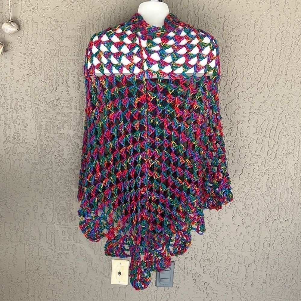 Handmade Multicolor Open Knit Crochet Poncho One Size - Picture 4 of 10